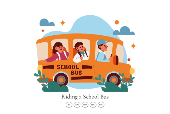 Riding a School Bus Scene Illustration Graphics